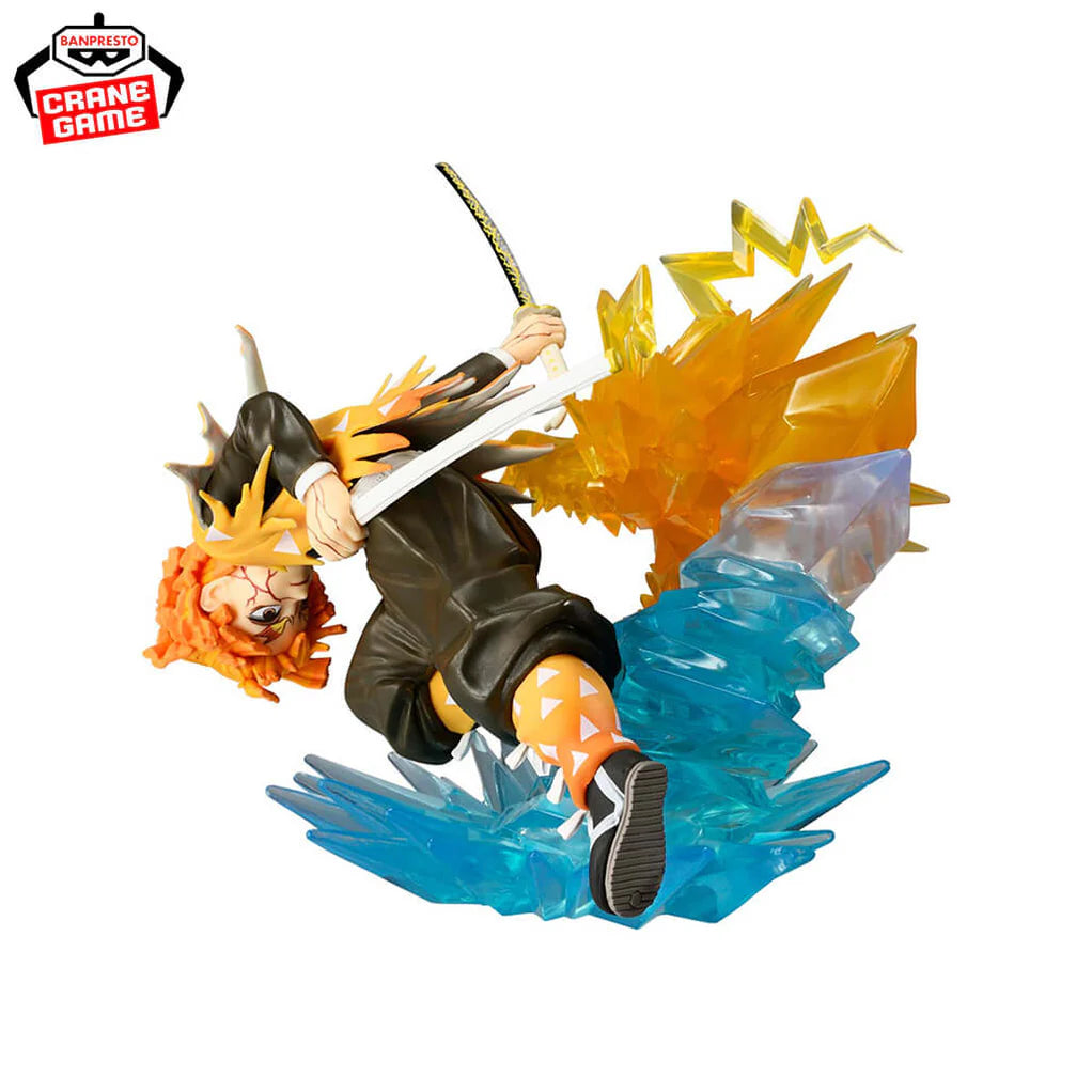 Estatua de Zenitsu Agatsuma de Demon Slayer, 12 cm, en pose de ataque con efectos de rayo amarillo y hielo azul.