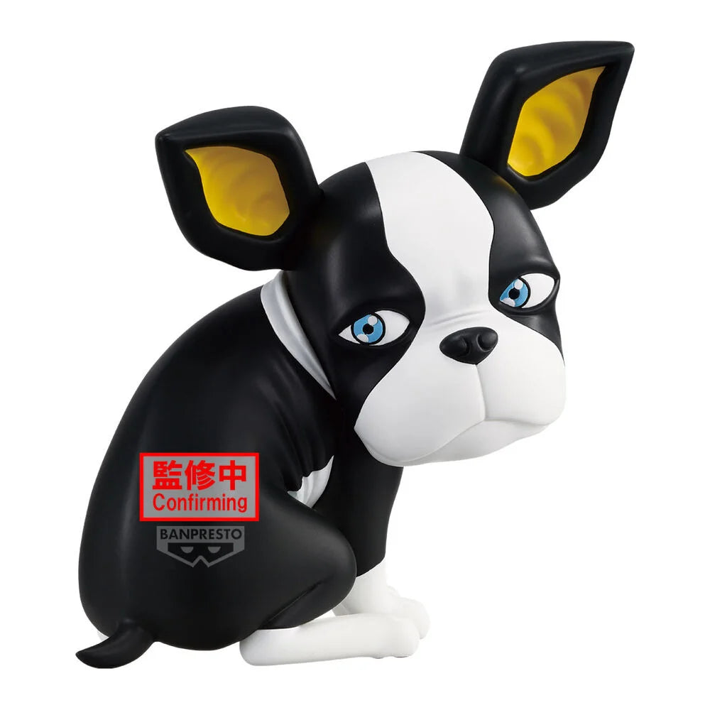 Estatua de Iggy de JoJo's Bizarre Adventure, Boston Terrier negro y blanco con ojos azules, estilo Banpresto.