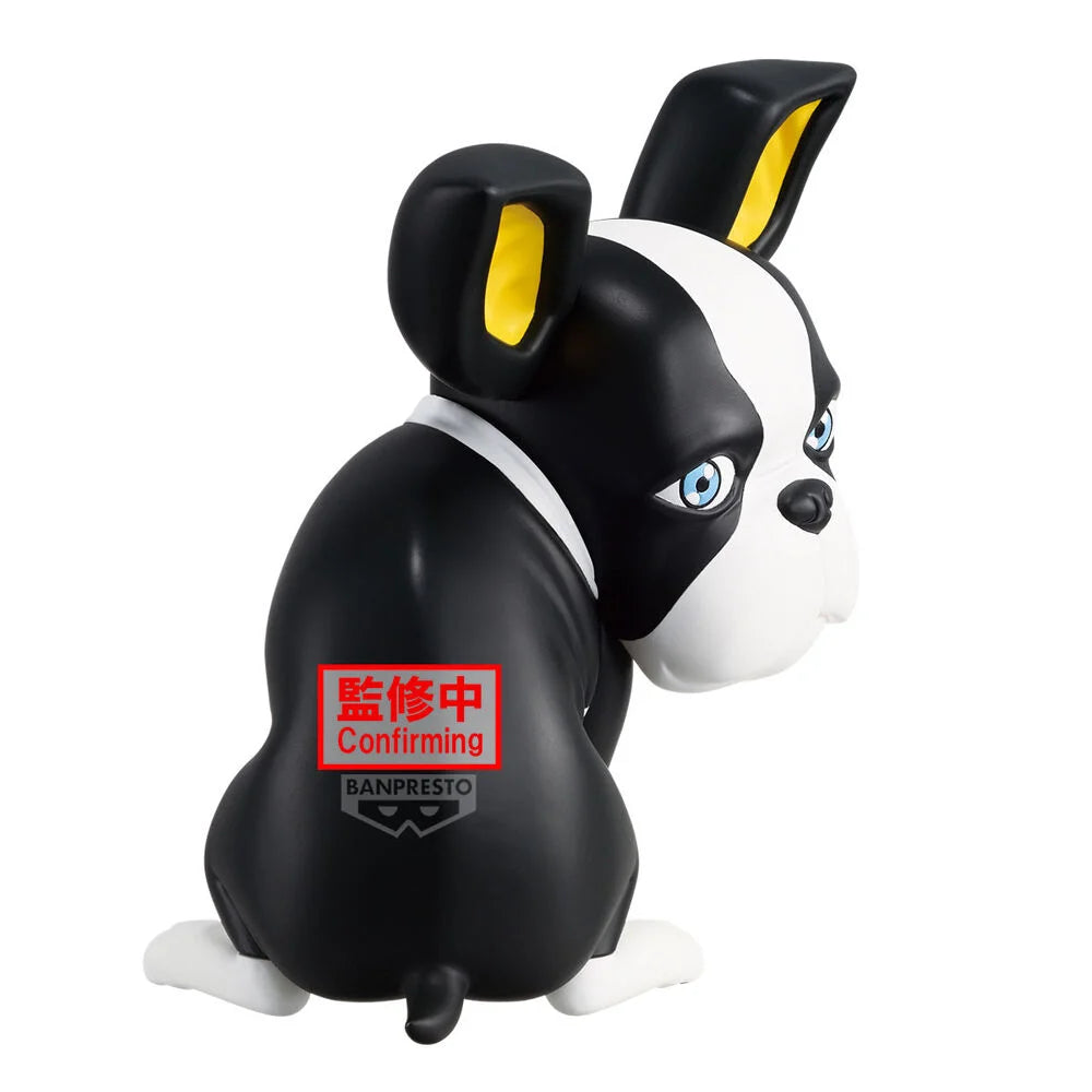 Estatua Banpresto de Iggy de JoJo's Bizarre Adventure, Boston Terrier negro y blanco con ojos azules y orejas amarillas.