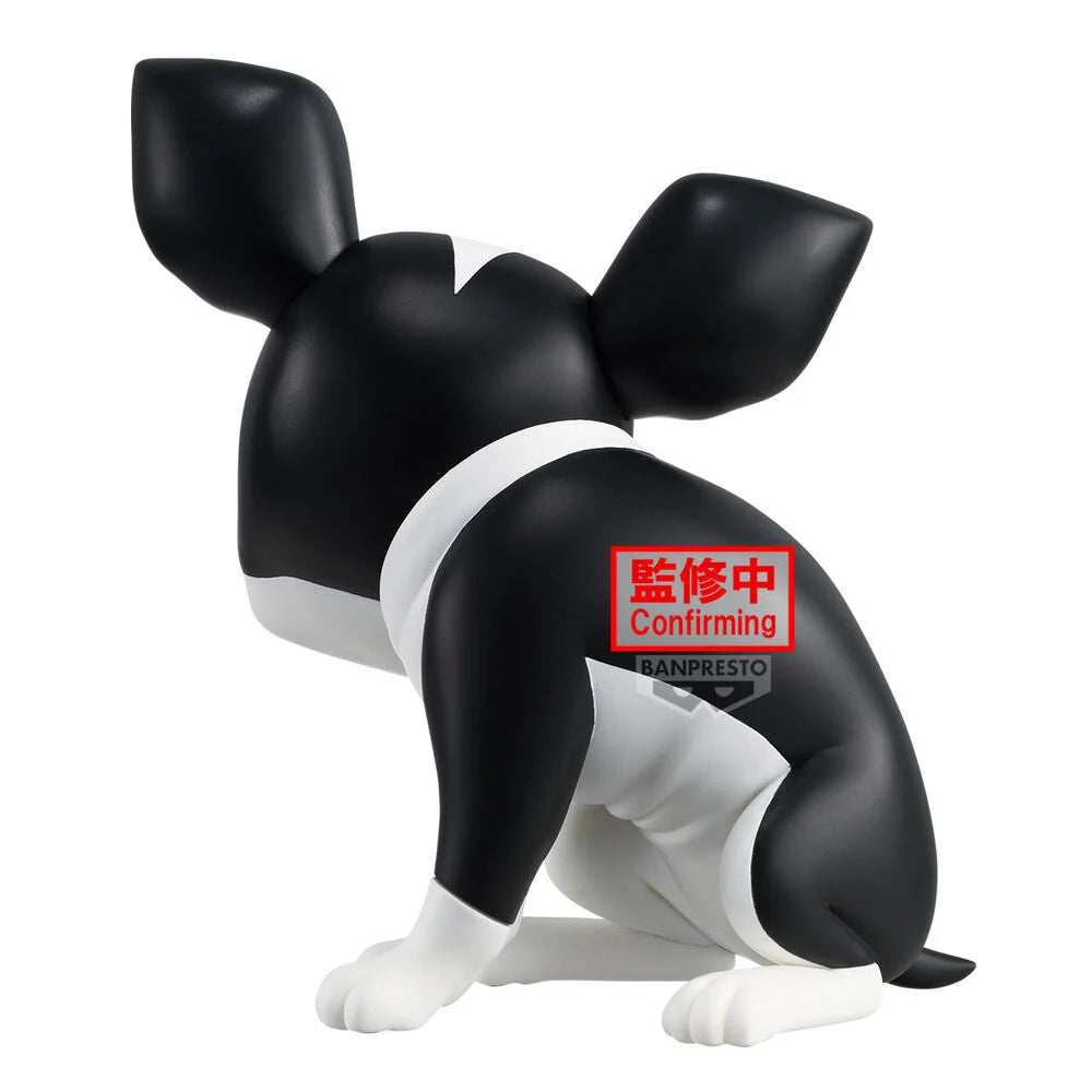 Figura Banpresto de Iggy de JoJo's Bizarre Adventure, Boston Terrier negro y blanco, diseño estilizado.