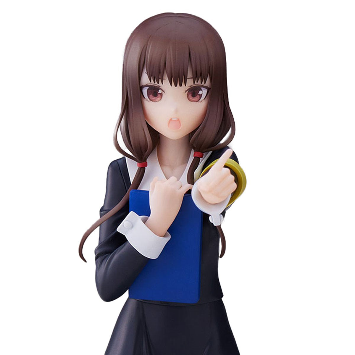Estatua de Miko Iino de Kaguya-sama, con uniforme escolar azul marino, sosteniendo un cuaderno azul.