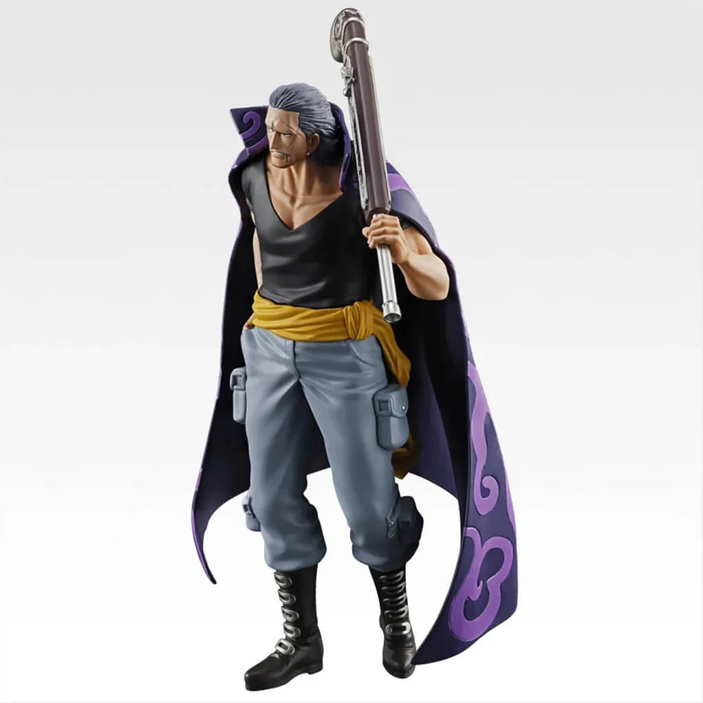 Estatua de Benn Beckman de One Piece, 21,5 cm, con capa morada, pantalón gris y rifle al hombro.