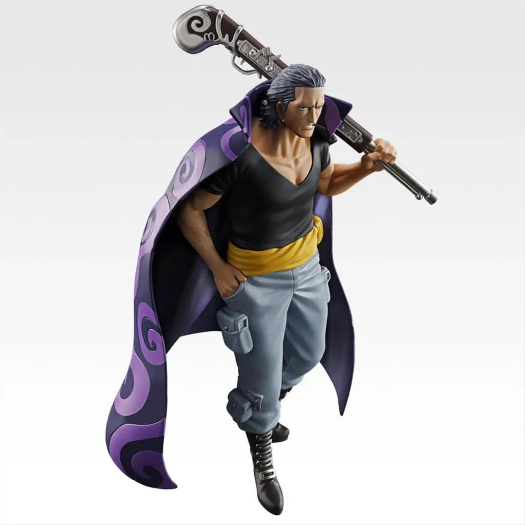 Estatua de Benn Beckman de One Piece, 21,5 cm, con capa morada, camiseta negra y rifle al hombro.