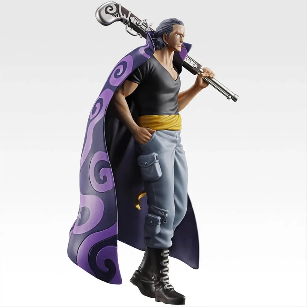 Estatua de Benn Beckman de One Piece, 21,5 cm, con capa morada, rifle y atuendo negro y gris.