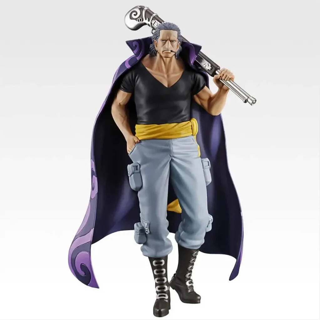 Estatua de Benn Beckman de One Piece, 21.5 cm, con capa morada, camiseta negra y rifle al hombro.