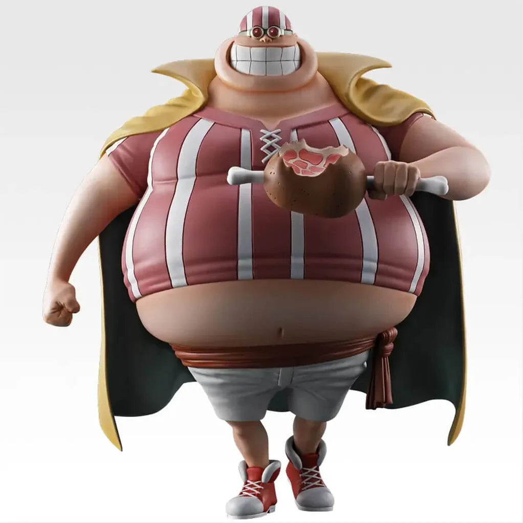 Estatua de Lucky Roux de One Piece, 22 cm, con camiseta a rayas rojas y blancas, capa amarilla, y un trozo de carne.