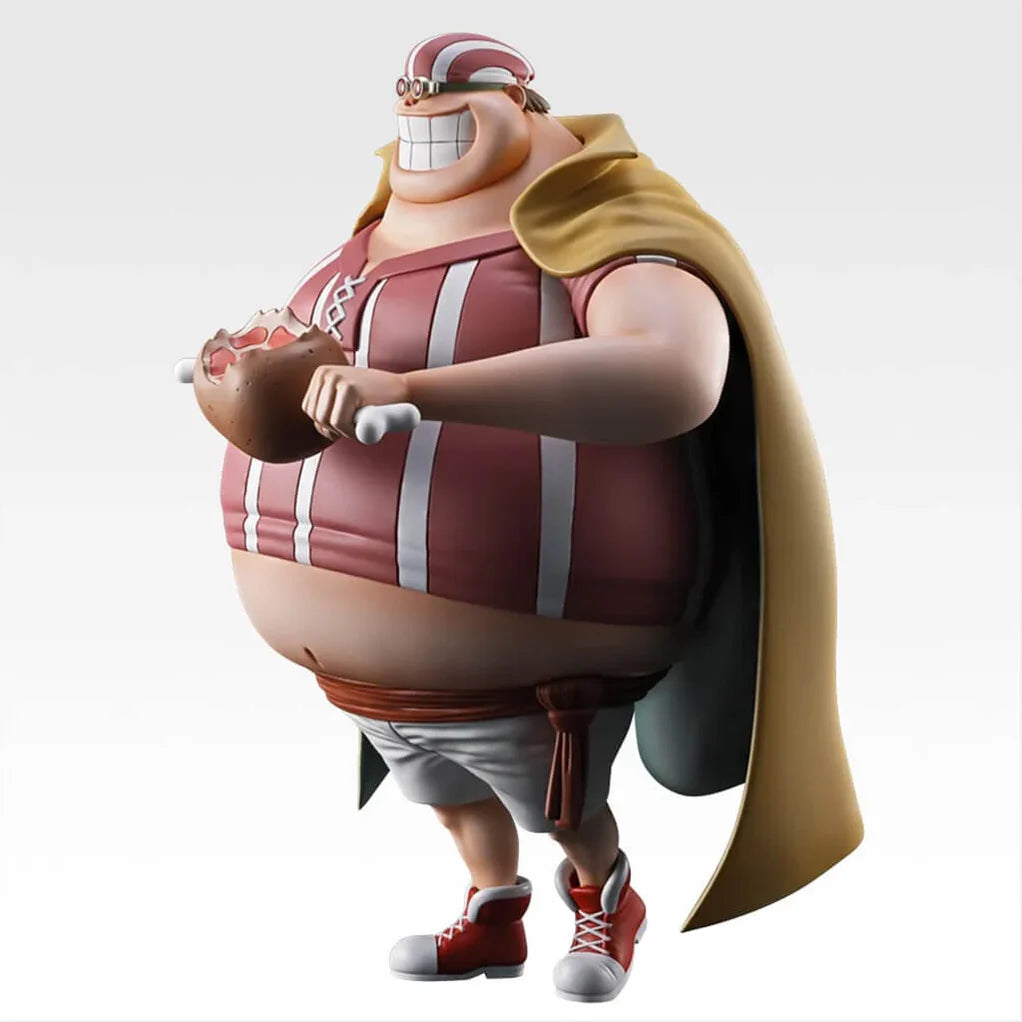 Estatua de Lucky Roux de One Piece, 22 cm, con capa dorada, camiseta a rayas rojas y blancas, y muslo de carne.