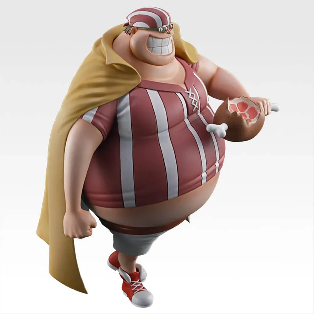 Estatua de Lucky Roux de One Piece, 22 cm, con capa dorada, camisa a rayas rojas y blancas, y muslo de carne.