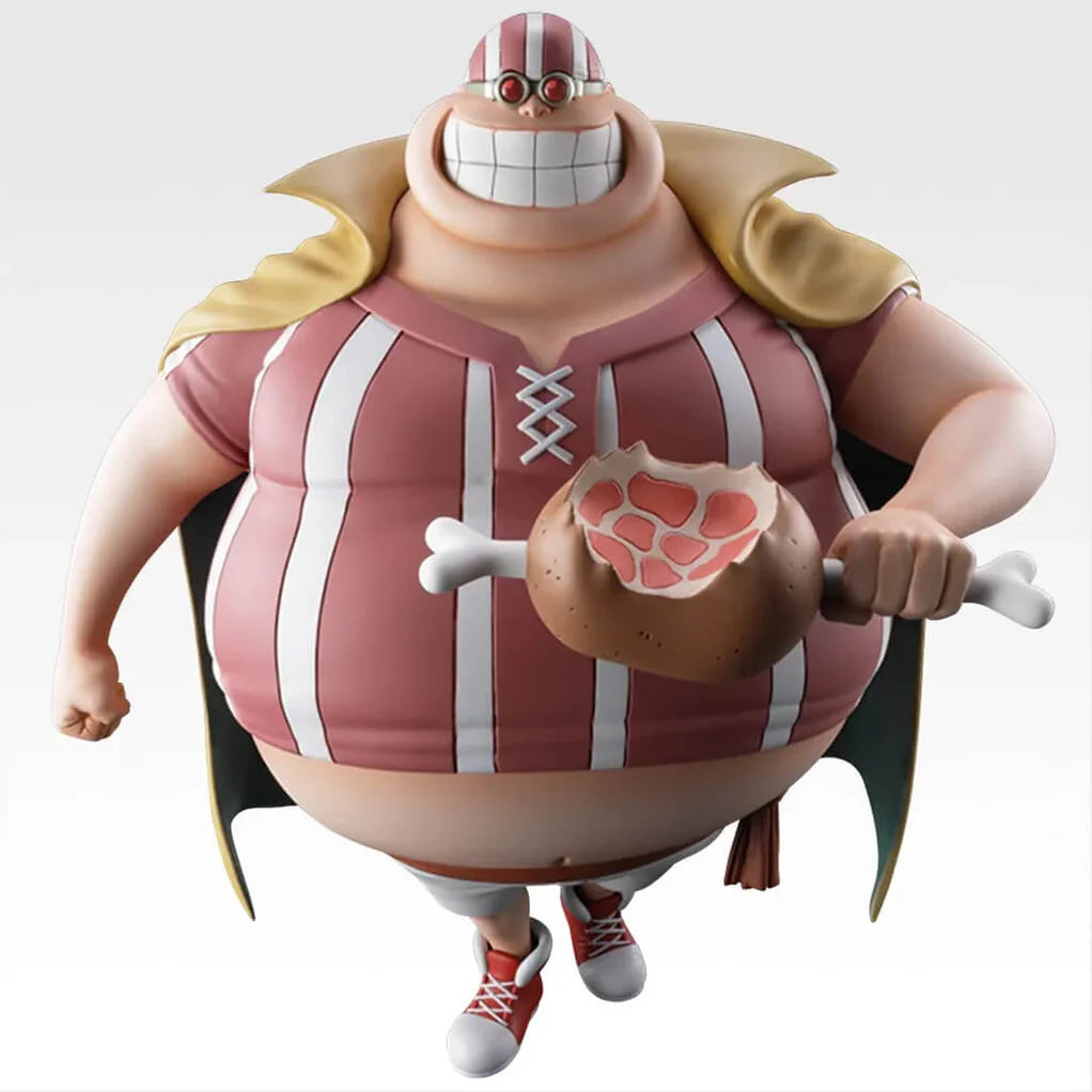 Estatua de Lucky Roux de One Piece, 22 cm, con camiseta rosa a rayas blancas, capa dorada y muslo de carne.