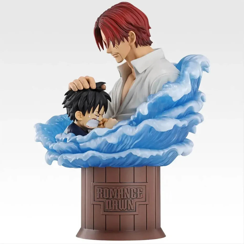 Diorama de One Piece Shanks y Luffy de 15 cm, con Shanks de pelo rojo y Luffy llorando entre olas azules.