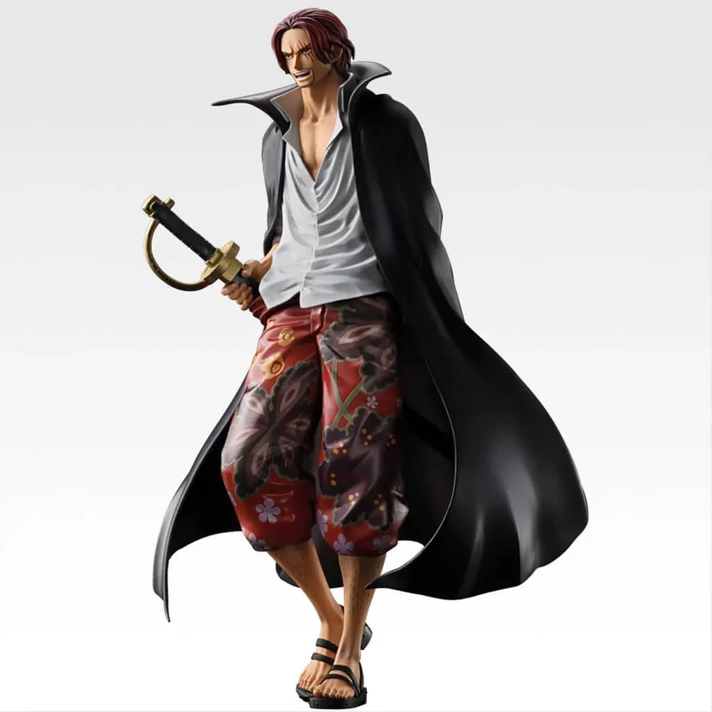 Estatua de Shanks de One Piece, 21 cm, con capa negra, camisa blanca, pantalones rojos estampados y espada.