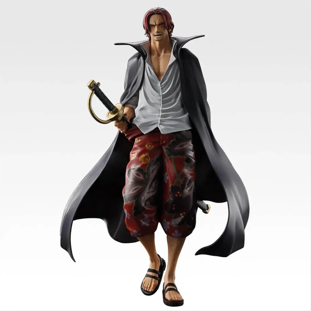 Estatua de Shanks de One Piece, 21 cm, con capa negra, camisa blanca, pantalones rojos estampados y espada dorada.
