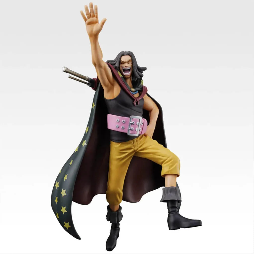 Estatua de Yasopp de One Piece, 20.5 cm, con capa negra de estrellas, camiseta negra, pantalones amarillos, y cinturón rosa.