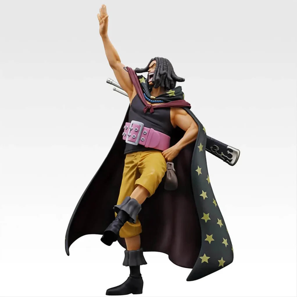 Estatua de Yasopp de One Piece, 20.5 cm, con capa oscura de estrellas, camiseta negra, pantalones amarillos y cinturón rosa.