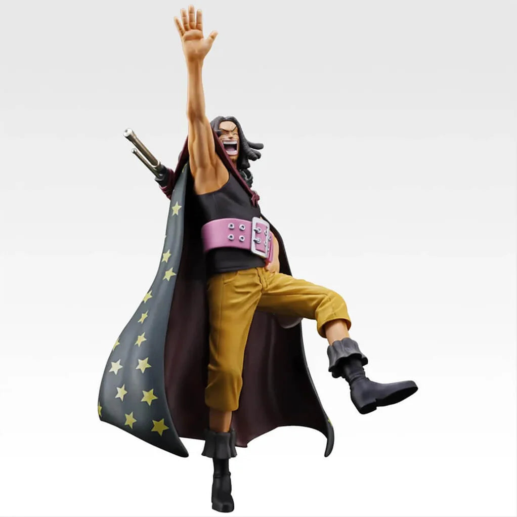 Estatua de Yasopp de One Piece, 20.5 cm, con capa oscura de estrellas, pantalón amarillo y cinturón rosa.