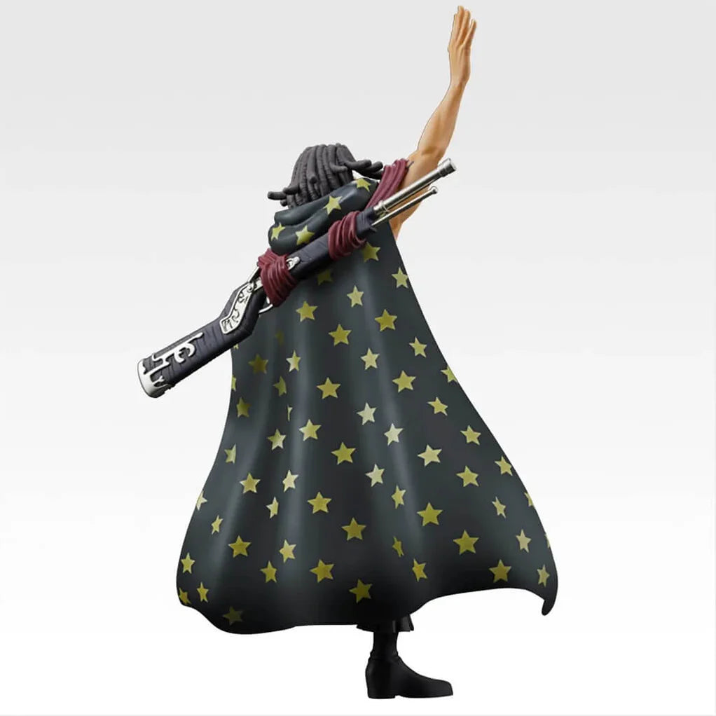 Estatua de Yasopp de One Piece, 20.5 cm, con capa negra de estrellas doradas y rifle, levantando un brazo.