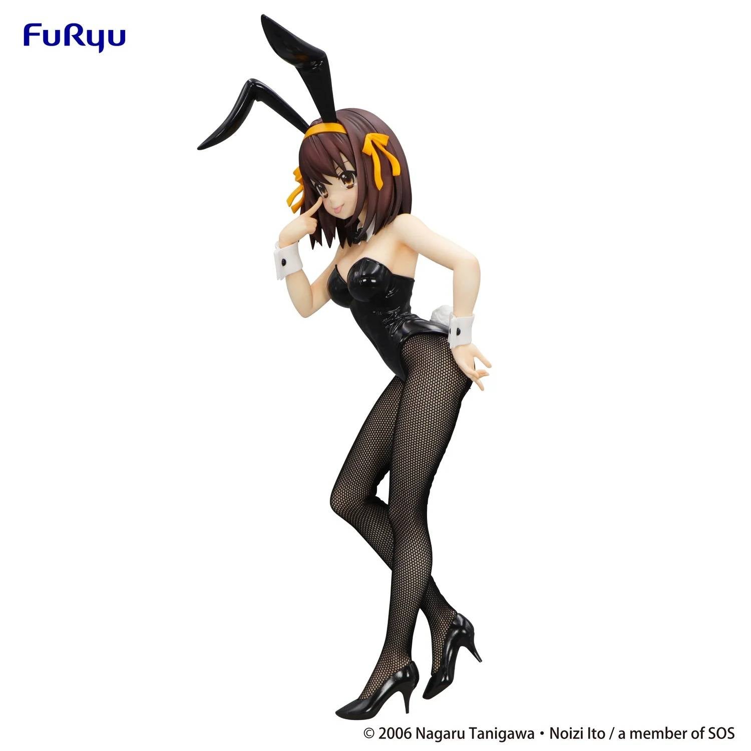 Estatua de Haruhi Suzumiya BiCute Bunnies de FuRyu, con traje de conejita negro brillante y medias de red.