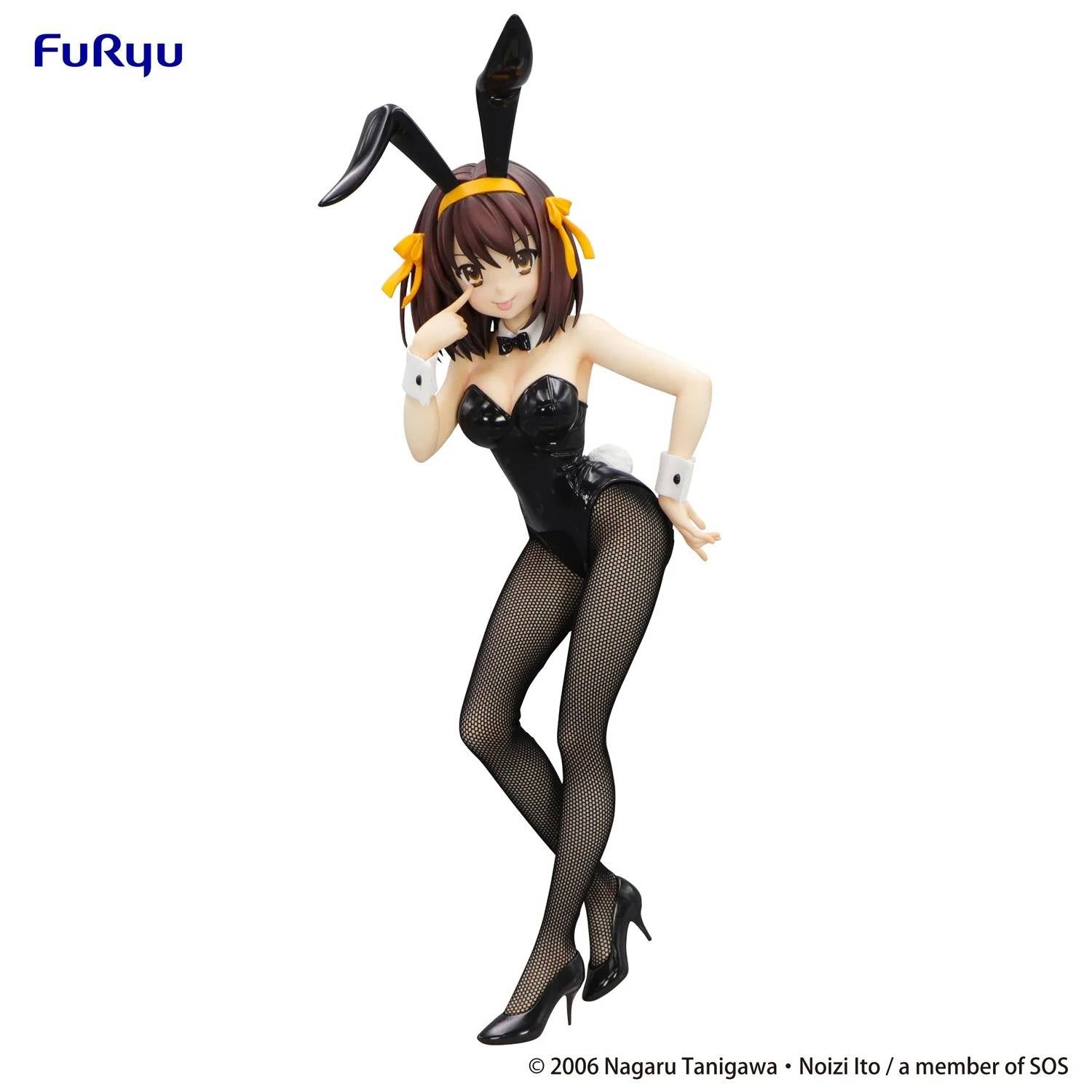 Estatua de Haruhi Suzumiya BiCute Bunnies de FuRyu, con traje de conejita negro brillante y medias de red.