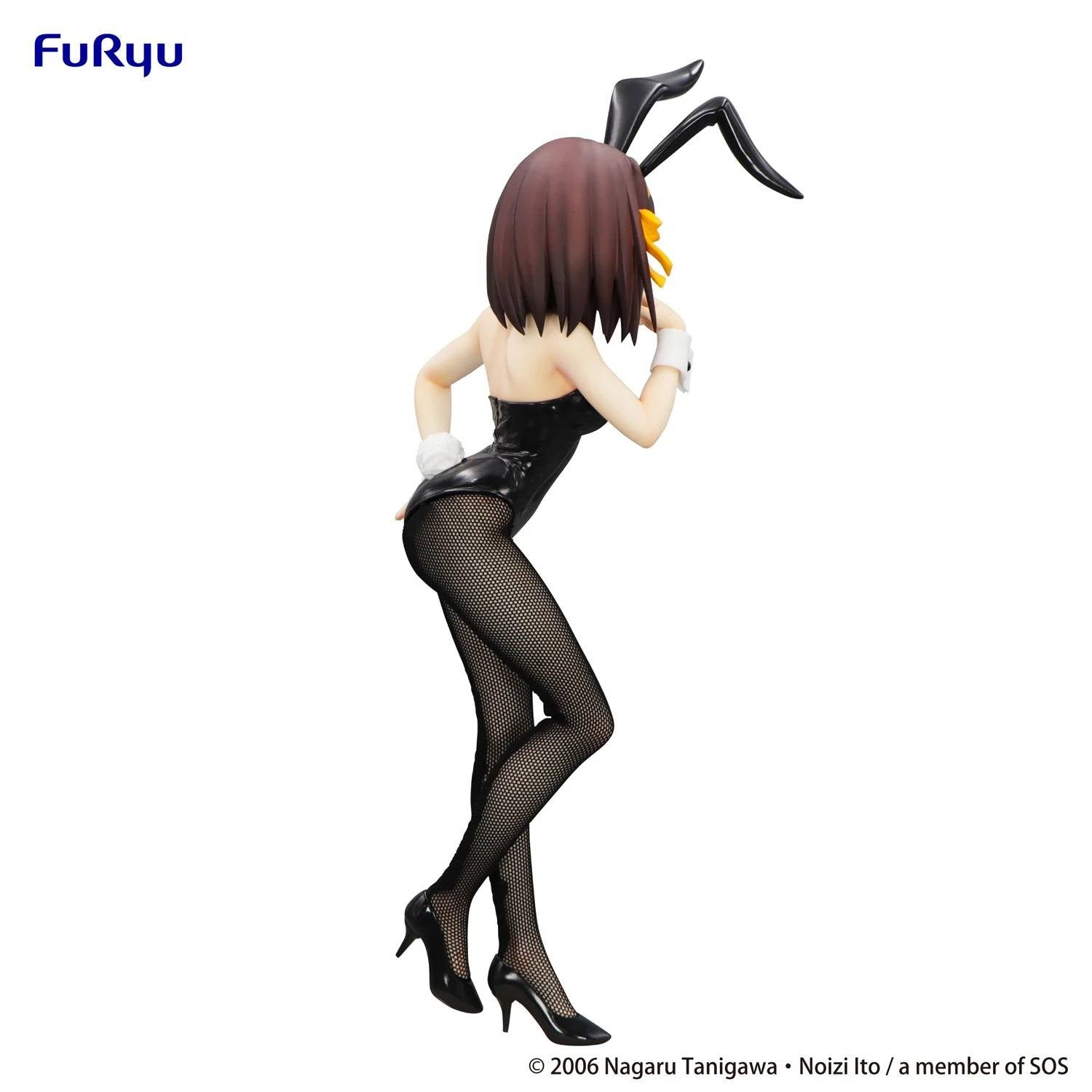 Estatua de Haruhi Suzumiya BiCute Bunnies de FuRyu, con traje de conejita negro brillante y medias de red.