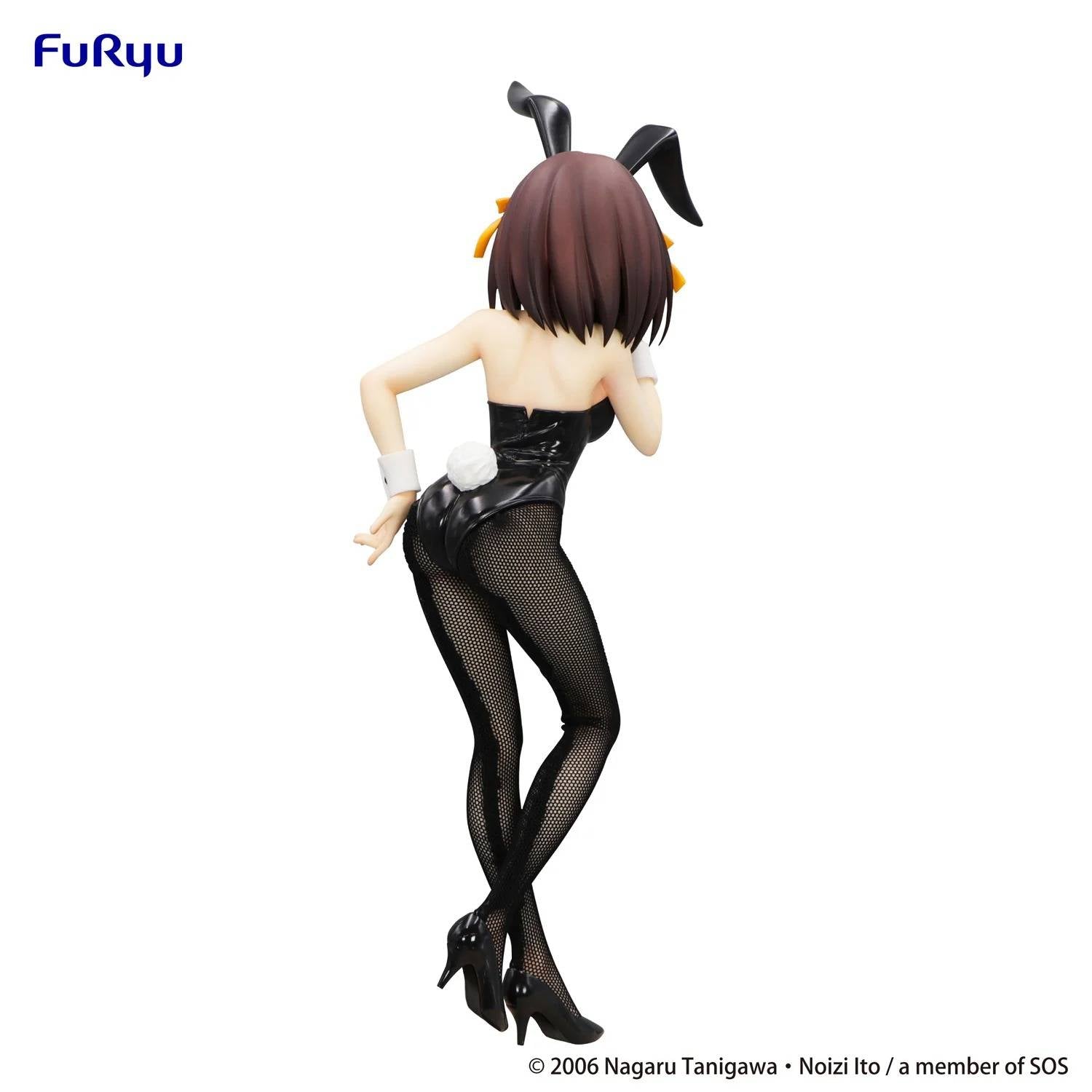 Figura de Haruhi Suzumiya BiCute Bunnies de FuRyu, con traje de conejita negro brillante y medias de red.