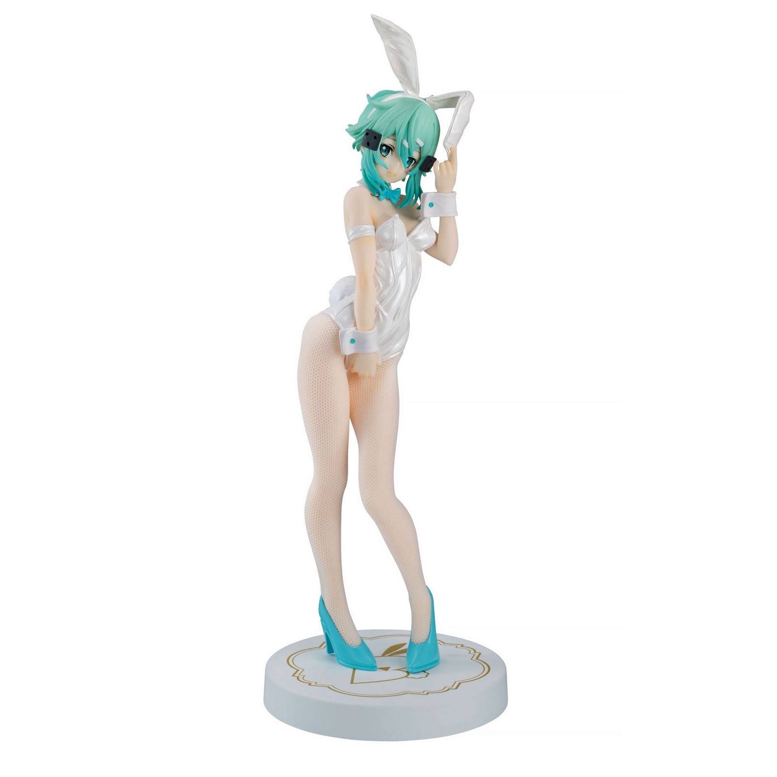 Figura de Sinon de Sword Art Online, con traje de conejita blanco perlado, medias de red y tacones azules.