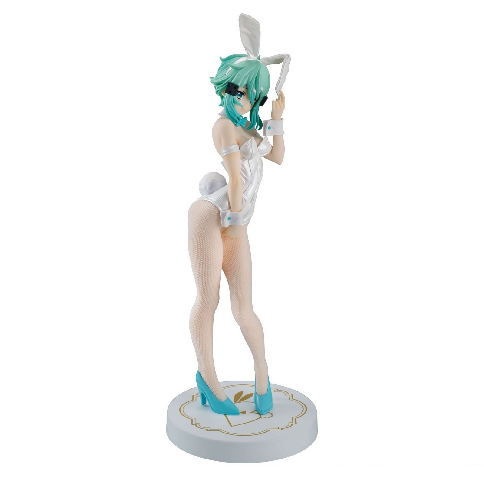 Figura de Sinon de Sword Art Online en traje de conejita blanco perla, medias de red y tacones turquesa.