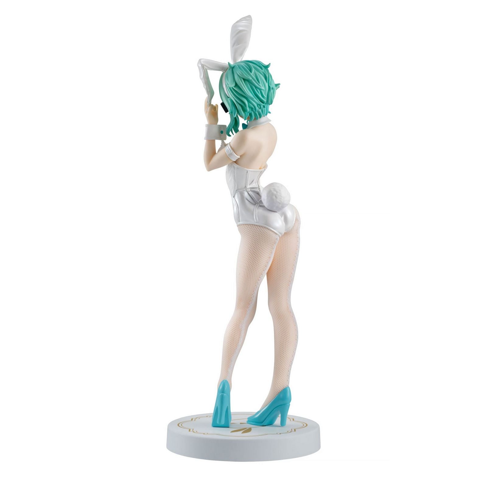Figura Sinon de Sword Art Online en traje de conejita blanco perla, medias de red y tacones turquesa.