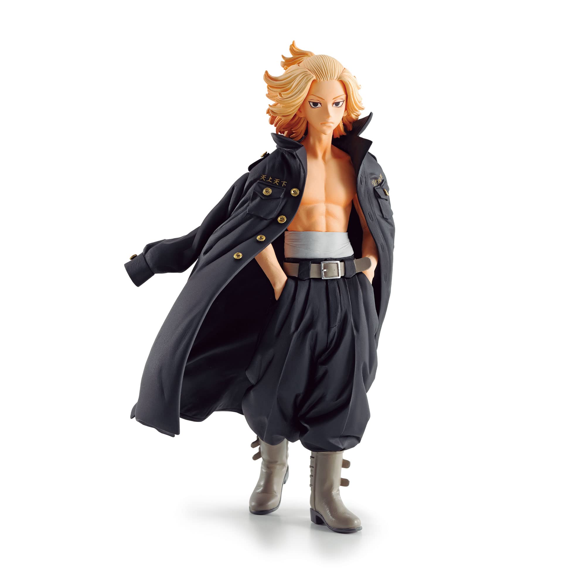 Estatua Banpresto de Manjiro Sano "Mikey" de Tokyo Revengers, 16 cm, con abrigo negro y torso descubierto.