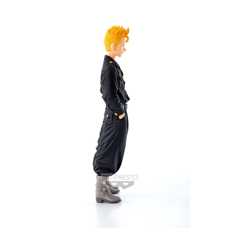 Estatua Banpresto de Takemichi Hanagaki de Tokyo Revengers, 16 cm, uniforme negro, cabello rubio.