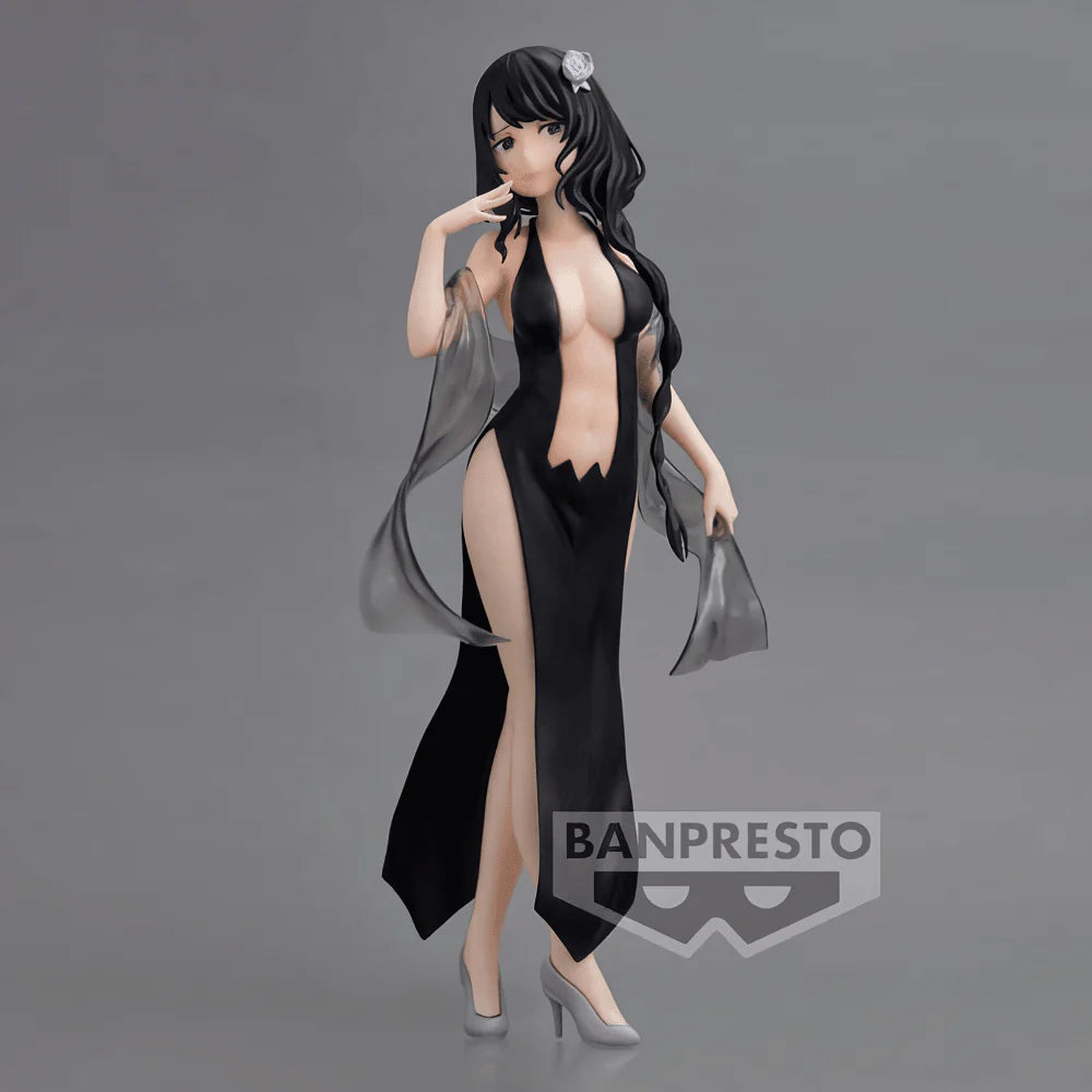 Estatua Banpresto de Elsa Granhiert de Re:Zero, 24 cm, con vestido negro revelador y cabello oscuro.